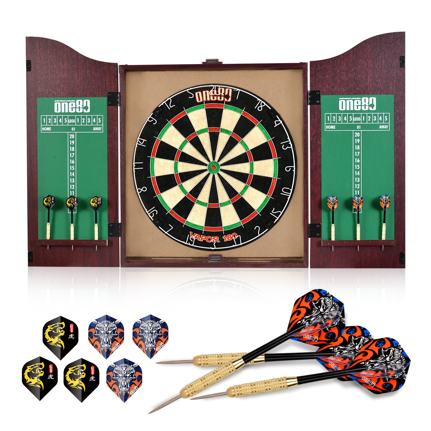 Vapor Wood Dartboard Cabinet Set with Dartboard + Darts + Scoreboard Combo
