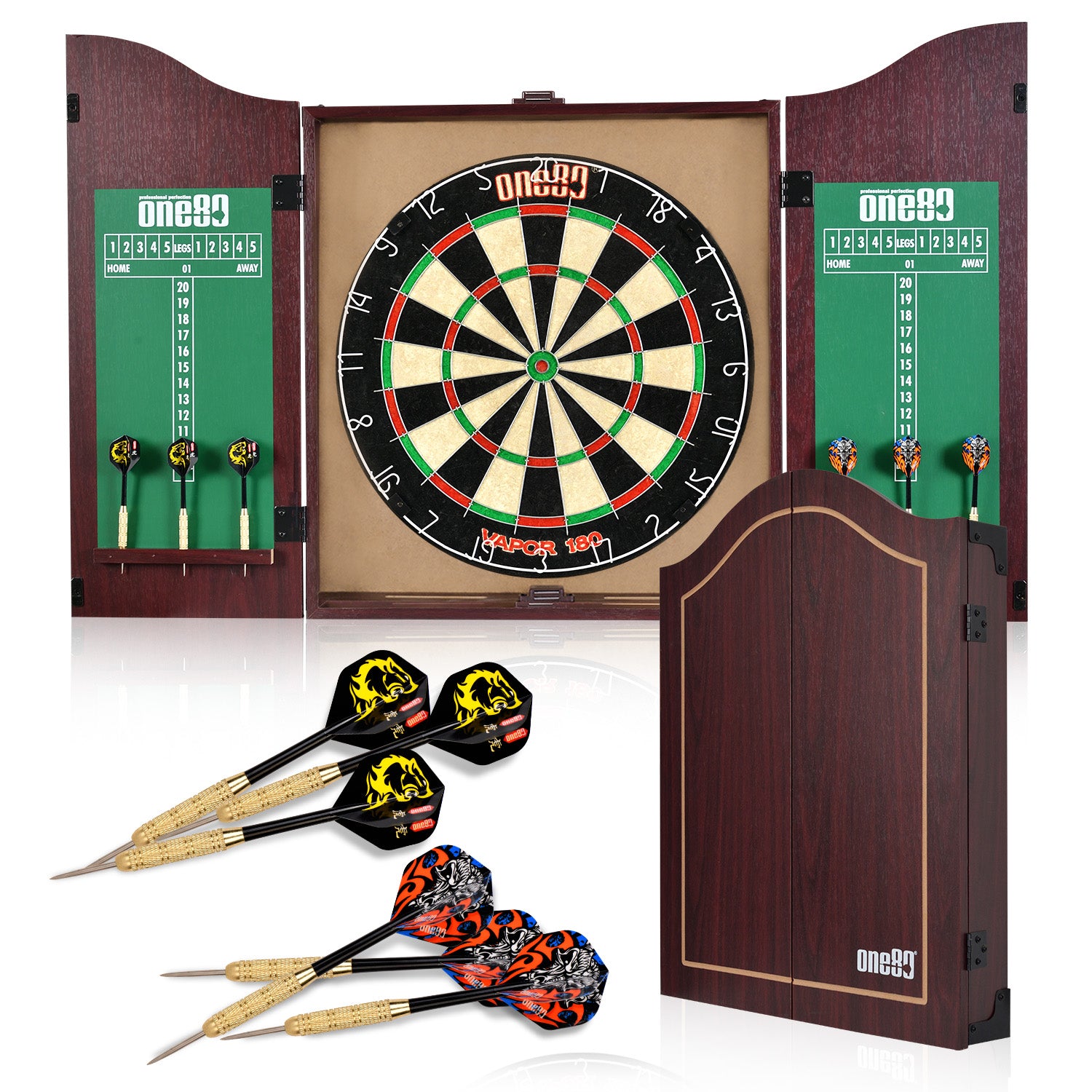 Vapor Wood Dartboard Cabinet Set with Dartboard + Darts + Scoreboard Combo