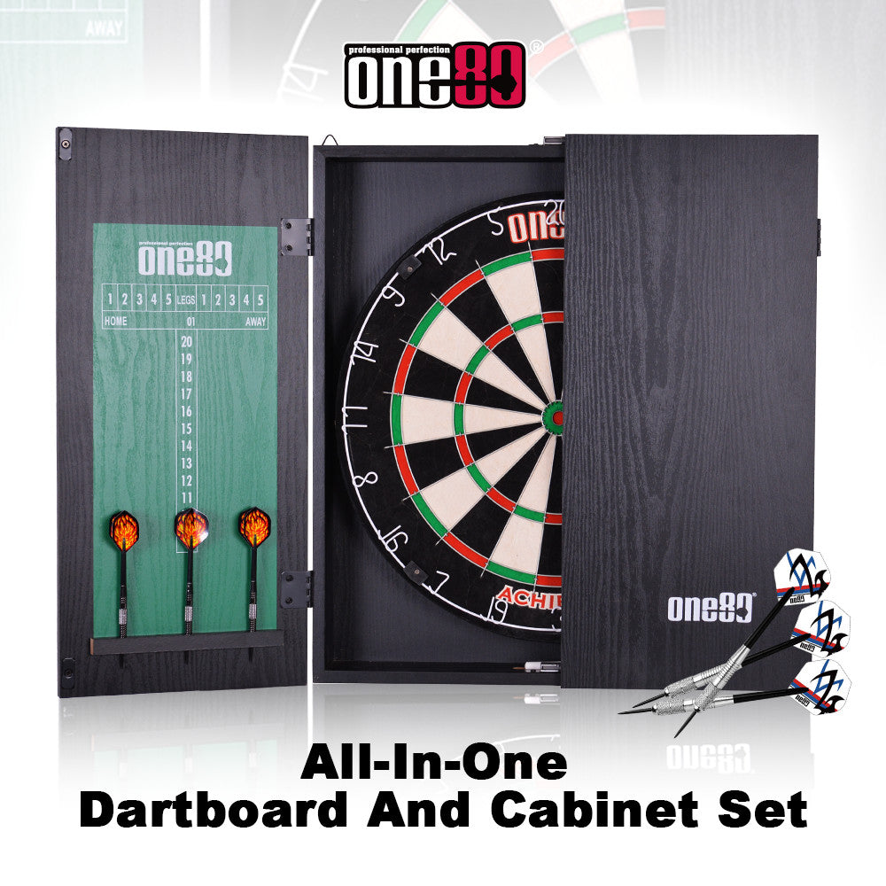 Achiever Black Wood Dartboard Cabinet Set with Darts + Dartboard + Scoreboard Combo