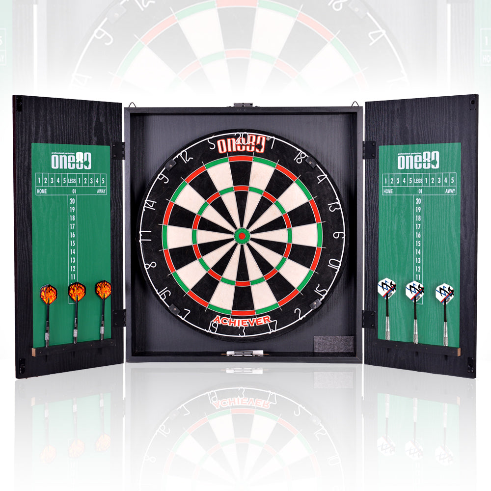 Achiever Black Wood Dartboard Cabinet Set with Darts + Dartboard + Scoreboard Combo