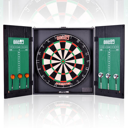 Achiever Black Wood Dartboard Cabinet Set with Darts + Dartboard + Scoreboard Combo