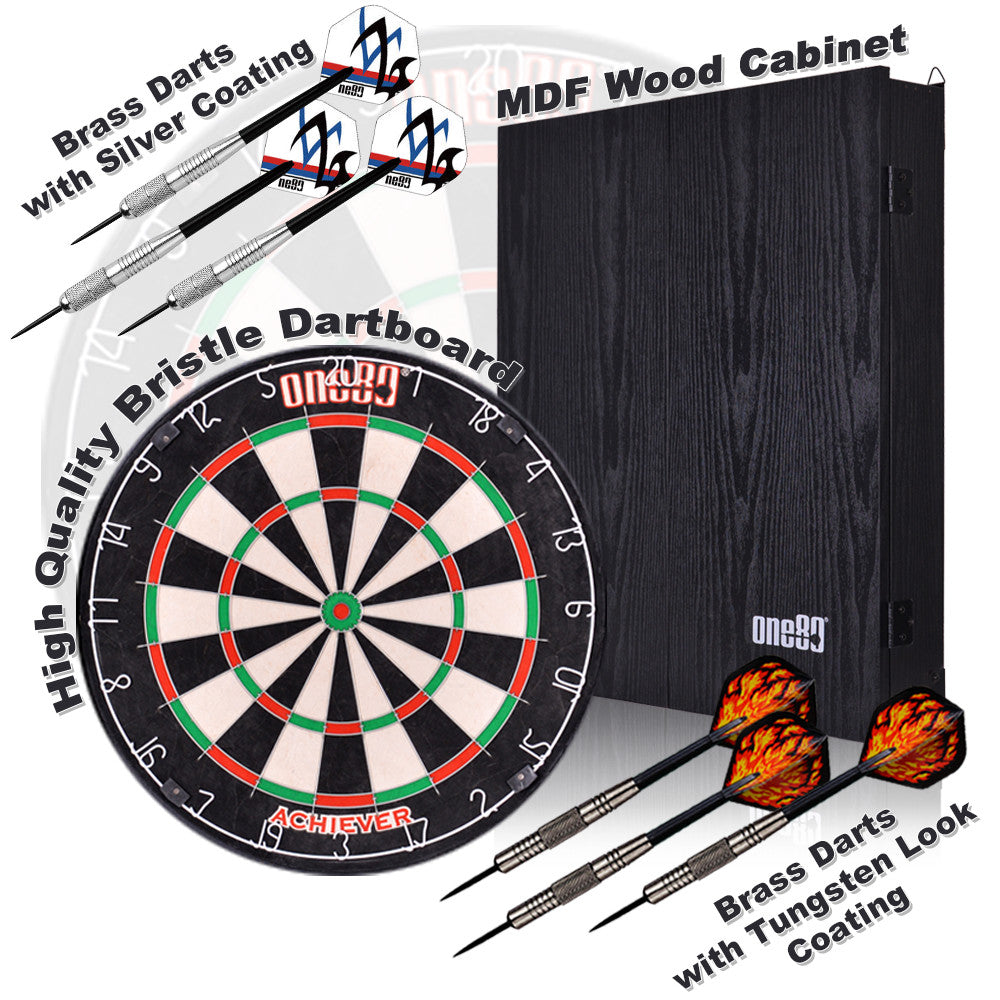 Achiever Black Wood Dartboard Cabinet Set with Darts + Dartboard + Scoreboard Combo