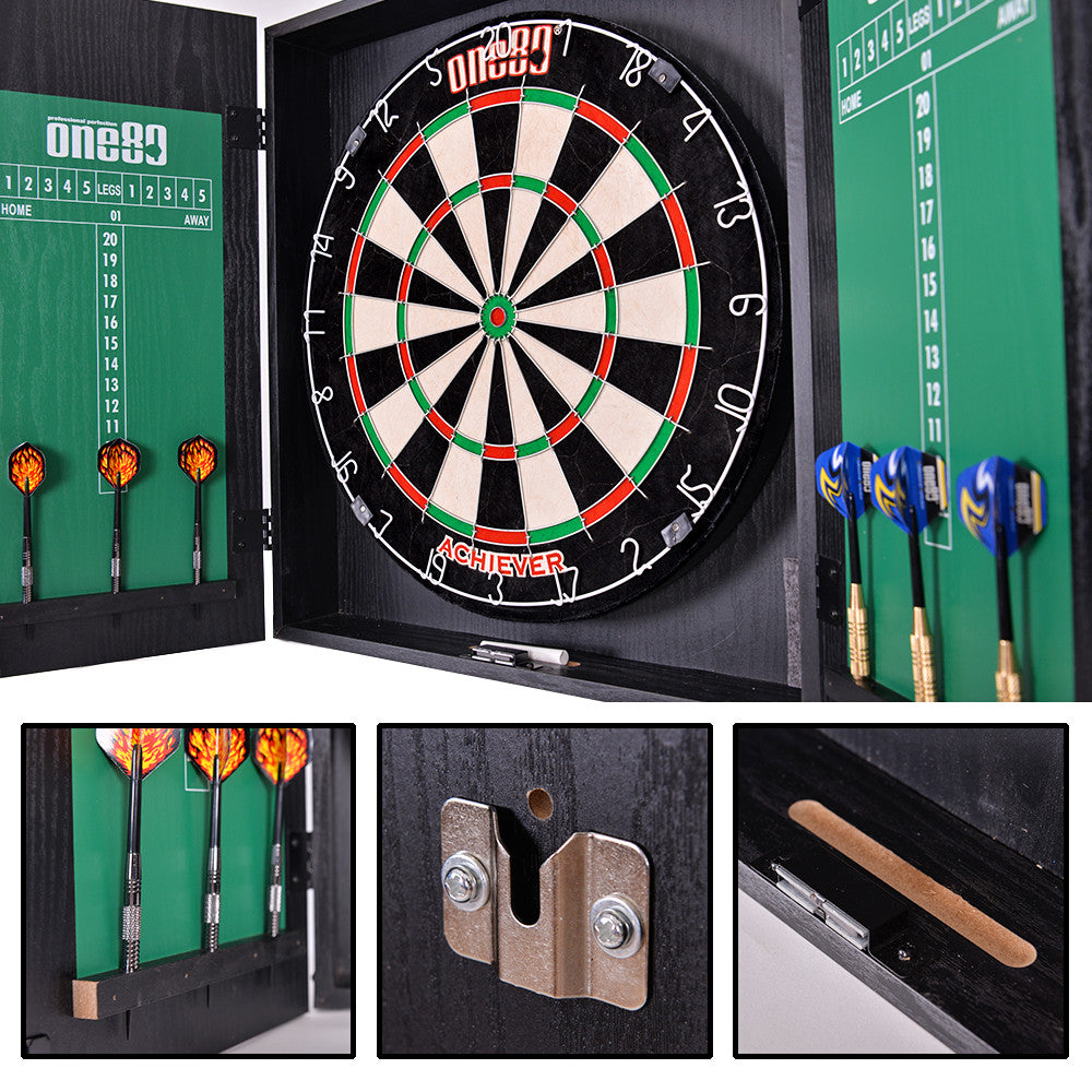 Achiever Black Wood Dartboard Cabinet Set with Darts + Dartboard + Scoreboard Combo